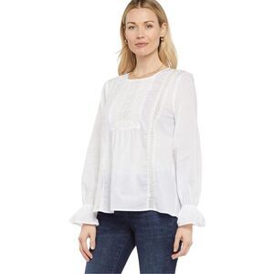 NYDJ Womens‎ Lace Trim Ruffle Long Sleeve Victoria Blouse Top White Large NWT